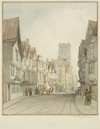 Temple Street, a Temple Church tornyával (akvarell papíron) alkotó: Thomas Leeson the Elder Rowbotham