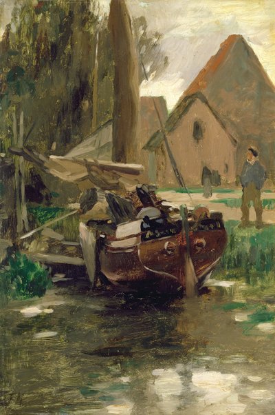 Kis kikötő csónakkal (olaj a fedélzeten, papíron) alkotó: Thomas Ludwig Herbst