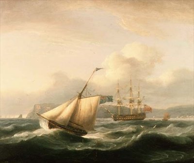 Egy kétszintes, a Torbay kikötőben horgonyozva, az előtérben egy vágóval alkotó: Thomas Luny