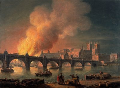 "Westminster híd és a Parlament épületeinek felgyújtása Lambethből", 1835 alkotó: Thomas Luny