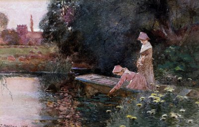 Vízililiomok szedése. Két fiatal lány egy csónakban egy tóban tavirózsát szed. Thomas Mackay (1851-1920) festménye Magántulajdon. alkotó: Thomas Mackay