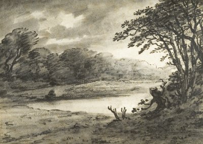 Tavaszi jelenet (szén és mosás, papír) alkotó: Thomas Monro