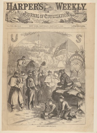 Mikulás a táborban a Harpers Weeklytől, 1863. január 3. alkotó: Thomas Nast
