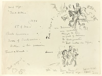 Vázlatok lapja: Vázlatok (hátoldal): Katona lóháton és katona szablyával, aki foglyot vezényel (recto); vázlatok lapja (verso). alkotó: Thomas Nast
