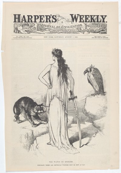 The Watch on Spoiler. A demokratikus tigriseket és a köztársasági keselyűket az öbölben kell tartani. alkotó: Thomas Nast