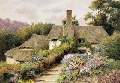 A Cottage at Selworthy, Somerset, Anglia. Egy nő egy angol vidéki ház kertjében. Thomas Nicholson Tyndale (1860-1930 brit) festménye Magántulajdon. alkotó: Thomas Nicholson Tyndale