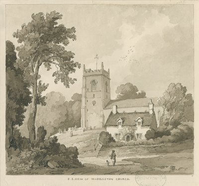 Mucklestone templom: szépia mosás rajz alkotó: Thomas Peploe Wood