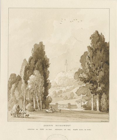 Sandon – William Pitt emlékműve: szépia mosás rajza, 1838 alkotó: Thomas Peploe Wood