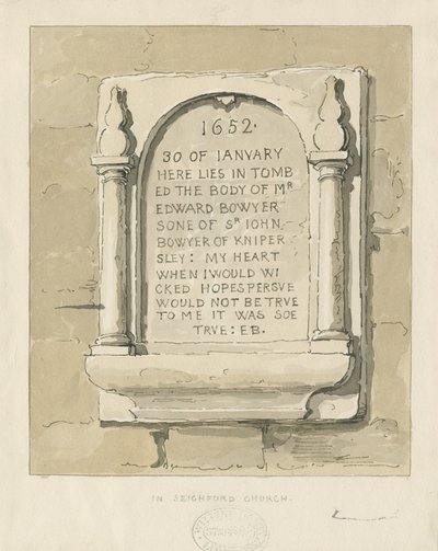 Seighford Church – Kőtábla Edward Bowyernek: szépia rajz, nd [?1838] (rajz) alkotó: Thomas Peploe Wood