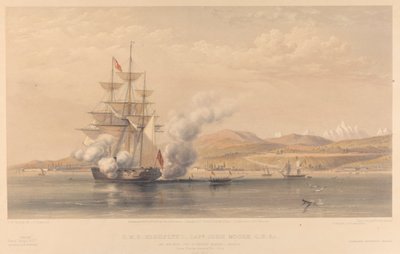 H.M.S. Highflyer John Moore kapitány, C.B. c. horgonyon Soukoum Kaleh-Abasia előtt, Omar pasa elhagyja a hajót, 1855 októbere. alkotó: Thomas Picken