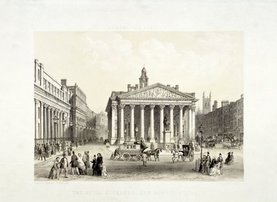 Royal Exchange és a Bank of England balra, London, 1851 alkotó: Thomas Picken