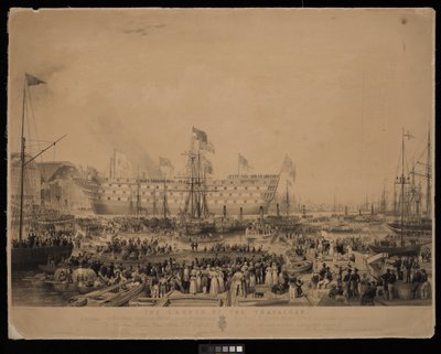 A Trafalgar vízre bocsátása Őkegyelmes Felségének, Viktória királynőnek és Ő Királyi Fenségének, Albert hercegnek jelenlétében a Woolwichi Kikötőudvarban.... alkotó: Thomas Picken