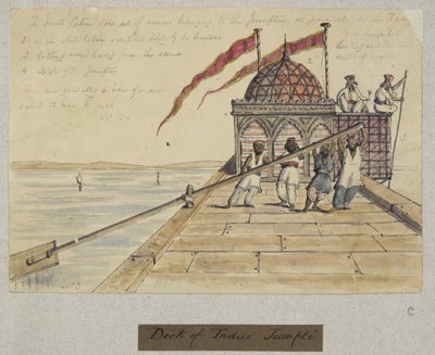 „Az Indus Jumpti fedélzete. T.P. 1841’. Négy férfi evezős óriási evezővel, a „212 rajzot és 11 litográfiát tartalmazó albumból, amelyek jelmezeket, foglalkozásokat, tájat és épületeket ábrázolnak Sindben, Cutchban és Bombayben” alkotó: Thomas Postans