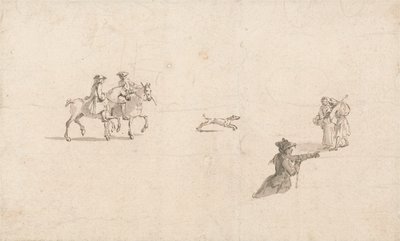 Lovasok, figurák és egy kutya (toll és tinta papíron) alkotó: Thomas Ross