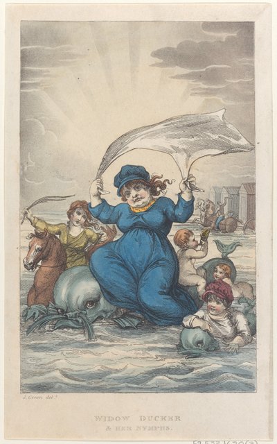 Widow Ducker & Her Nymphs, a Poetical Sketches of Scarborough, 1813., 1813. Alkotók: Thomas Rowlandson, Joseph Constantine Stadler, J. Bluck. alkotó: Thomas Rowlandson, Joseph Constantine Stadler, J. Bluck