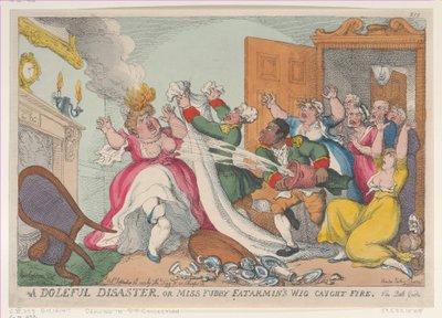 Egy súlyos katasztrófa, avagy Miss Fubby Fatarmin parókája kigyulladt, 1813. szeptember 20., ..., 1813. szeptember 20. alkotó: Thomas Rowlandson