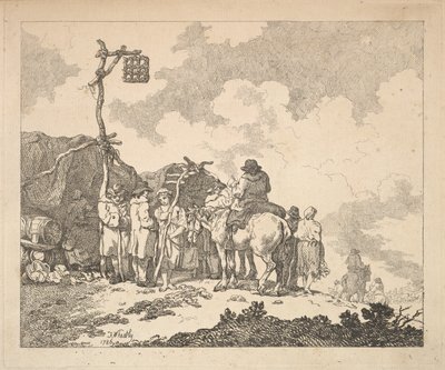 Vásár - Cigányok csoportja - Férfiak és nők rusztikus ruhában két rögtönzött Te... előtt, 1786. alkotó: Thomas Rowlandson