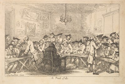 Nyomdai kiárusítás – Éjszakai aukció, 1788. alkotó: Thomas Rowlandson