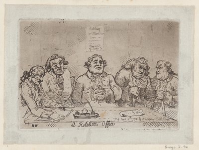A Rotation Office, [1774. június 8.] 1779. ismételt kiadás ., [1774. június 8.] 1779. ismételt kiadás. alkotó: Thomas Rowlandson