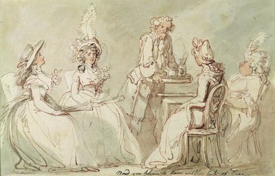Tea Party (toll és tinta, ceruza és w/c, a tartóra fektetett papíron) (recto of 238964) alkotó: Thomas Rowlandson