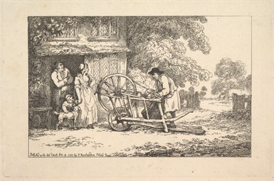Utazókés-daráló a ház ajtajában, 1787. alkotó: Thomas Rowlandson