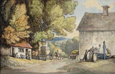 Egy falu zöldje: egy fa alatt megállt hintó, egy férfival és egy csoport bámészkodóval, alkotó: Thomas Rowlandson