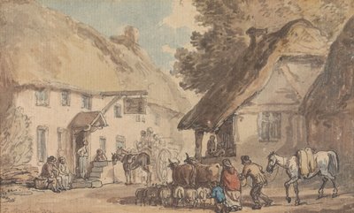 Egy falusi utca, amelyen szarvasmarhákat és juhokat hajtanak át alkotó: Thomas Rowlandson