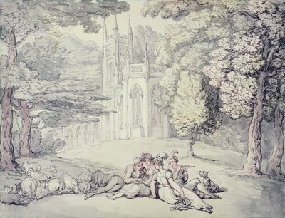 Főiskolai zöld egy csapat leányzókkal és fiatal urakkal az előtérben, 1810-1815 körül (toll és tinta, valamint akvarell ceruza fölött, papíron) alkotó: Thomas Rowlandson