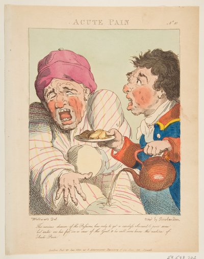 Acute Pain Le Brun Travested, avagy a szenvedélyek karikatúrái, 1800. január 21. alkotó: Thomas Rowlandson