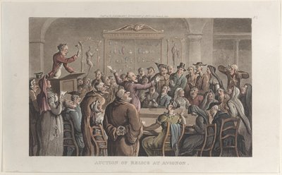 Ereklyék árverése Avignonban, a Journal of Sentimental Travels in the Southern Provinc..., 1821. alkotó: Thomas Rowlandson