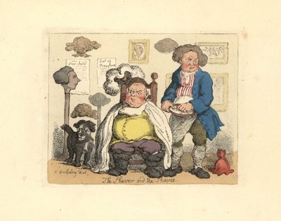 Borbély és vásárló egy parókákkal díszített fodrászatban. alkotó: Thomas Rowlandson