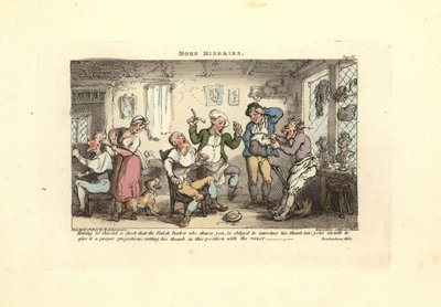 Fodrász a hüvelykujját vágva próbál borotválni egy ügyfelet. alkotó: Thomas Rowlandson