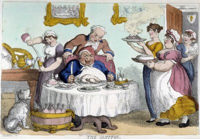 Bourgeois egy bőséges étkezés előtt, amelyet sok szolga szolgál fel – Rowlandson karikatúrája alkotó: Thomas Rowlandson