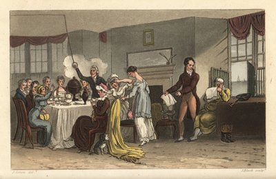 Az Old Bell Inn reggelizőterme, Scarborough. Vendégek kávéznak, újságot olvasnak, reggeliznek egy Regency szobában. Kézzel színezett rézmetszet Thomas Rowlandson, akvatinta J. Bluck, J. Green vázlata a Poetical Sketche-ből alkotó: Thomas Rowlandson