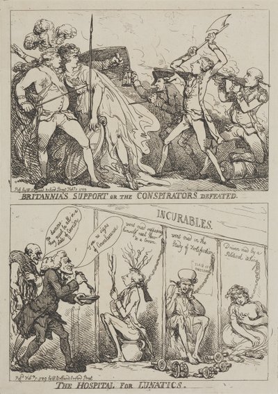 Britannia támogatása vagy az összeesküvők veresége – Az elmebetegek kórháza alkotó: Thomas Rowlandson