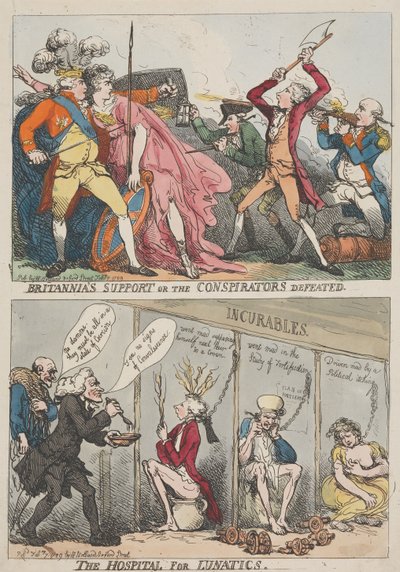 Britannia támogatása vagy az összeesküvők veresége – Az elmebetegek kórháza alkotó: Thomas Rowlandson