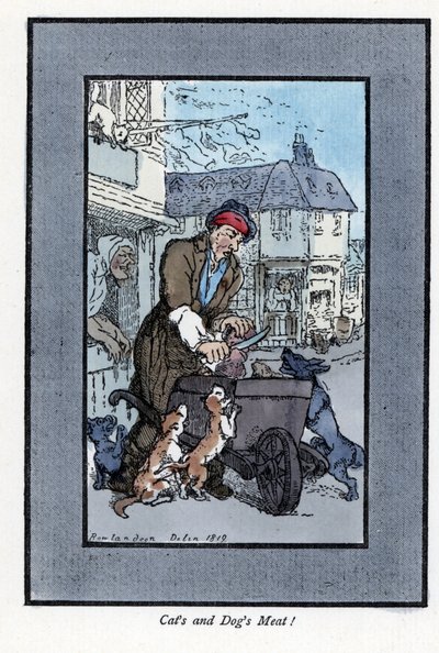 Egy darab húst vágó vándor hentes azt mondta, hogy kutyák és macskák támadják meg a talicskája kerekét. Thomas Rowlandson (1756-1827) festménye alapján készült fametszet, a londoni válságban megjelent: hat bájos gyerekkel és közel 40 illusztrációval alkotó: Thomas Rowlandson