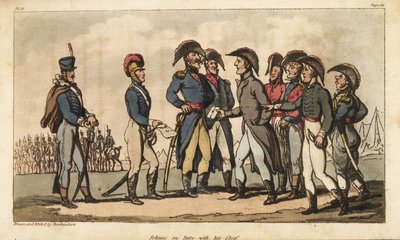 Johnny Newcome kapitány szolgálatban van Wellington hercege tábori segédjeként a félszigeti hadjárat alatt. Kézzel színezett rézmetszet, amelyet Thomas Rowlandson rajzolt és maratott David Roberts ezredes The Military Adventures of Johnny Newcome, Martin, alkotó: Thomas Rowlandson