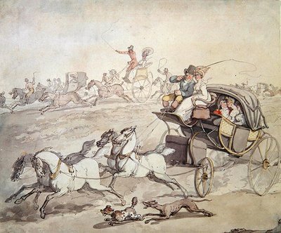 Kocsik és lovasok teljes sebességgel a nyílt füves területen, 1800 körül (toll és tinta mosással papíron) alkotó: Thomas Rowlandson