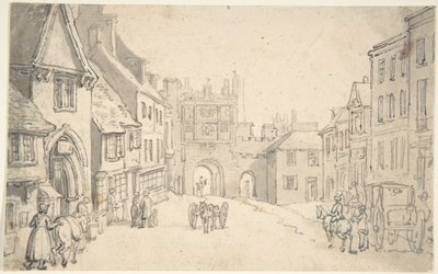 Városi kilátás középkori kapuval (talán York) alkotó: Thomas Rowlandson