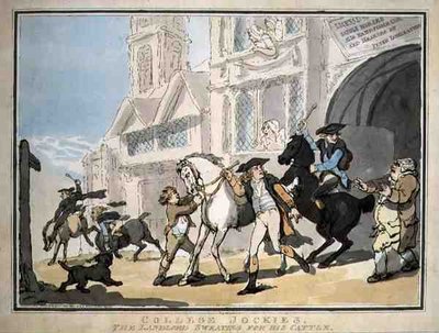 "College Jockies, a földesúr izzad a marháiért", pub. írta: E. Jackson alkotó: Thomas Rowlandson