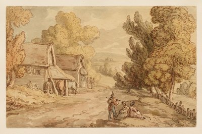 Házikó és pajta pihenő alakokkal egy országút mentén alkotó: Thomas Rowlandson