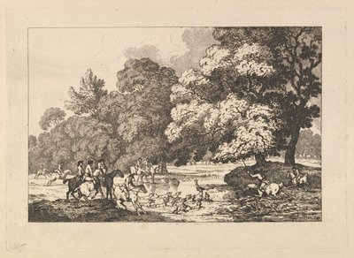 Szarvasvadászat – Tájkép szarvassal és kopókkal a folyóban, 1787. alkotó: Thomas Rowlandson