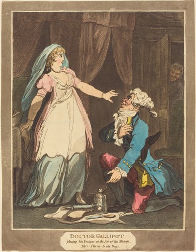 Gallipot doktor úrnője lába elé helyezi vagyonát, 1808. alkotó: Thomas Rowlandson