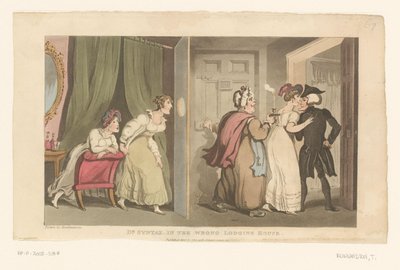 Doctor Syntax-ot két nő vezeti át egy ajtón alkotó: Thomas Rowlandson