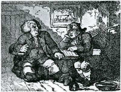 Dr. Johnson és James Boswell másnaposságból lábadoznak a városban töltött éjszaka után alkotó: Thomas Rowlandson