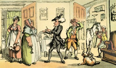 "Dr. Syntax vitatja a számláját a szállásadónővel" alkotó: Thomas Rowlandson