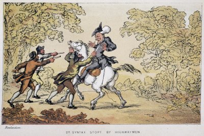 Dr. Syntaxot megállítottak a banditák – a „Doktor Syntax három körútján: a festői vigasztalás és feleség keresésében” William Combe, ill. Rowlandson alkotó: Thomas Rowlandson