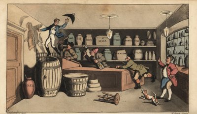 Részeg Johnnyt éjjeliőrök üldözték egy élelmiszerboltban, aki hamarosan beleesett egy vajhordóba. Kézi színű rézmetszet, W. Read Thomas Rowlandson illusztrációja után Alfred Burton: Johnny Newcombe kalandjai a haditengerészetben, Si alkotó: Thomas Rowlandson