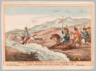 „Angol modorok és francia óvatosság vagy francia dragonyosok, amelyeket Belvoir 1811. szeptemberi ugrással ellenőrzött” (metszet, színes) alkotó: Thomas Rowlandson